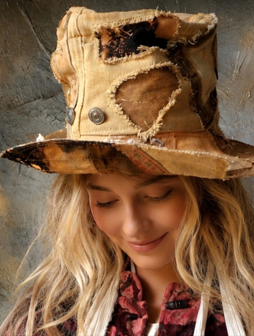 Designer Top Hat Upcycled Raw Wide-Brim Patched Rustic Artisan Hat